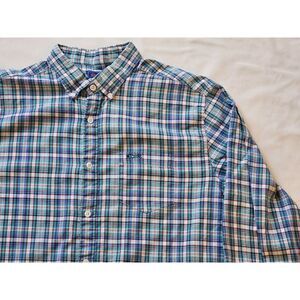LE TIGRE COTTON CASUAL SHIRT teal Blue white plaid‎ men's size L long sleeve